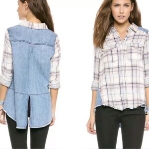 Free People Plaid Flannel Shirt with Denim Shoulders & Back
